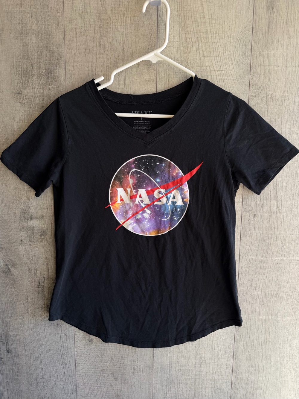 Awake NASA Black V-Neck‎ Women’s Graphic Print Small Short Sleeve T Shirt Top